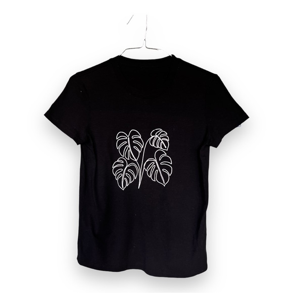 Tops - Black Tee with White Hawaiian Monstera Leaf Design